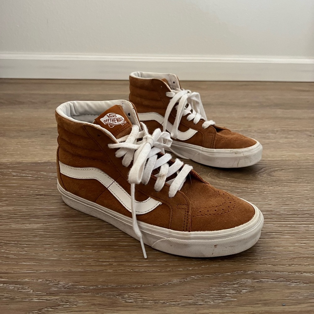 Vans Brown Suede Sk8-Hi Sneakers with White Stripe